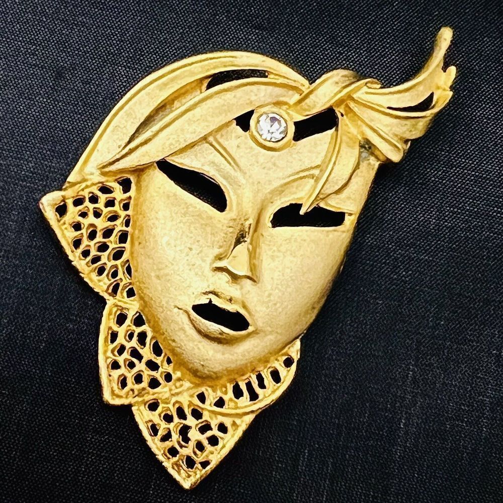 Vintage Lady Face Mask Gold Brooch Necklace Pendant Pin Art Deco Rhinestone 4089